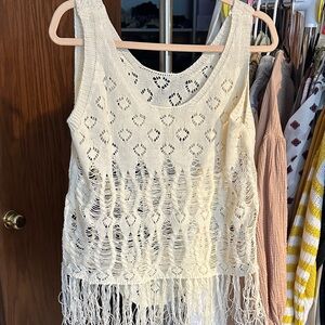 Pho cream open knit tank with fringe
